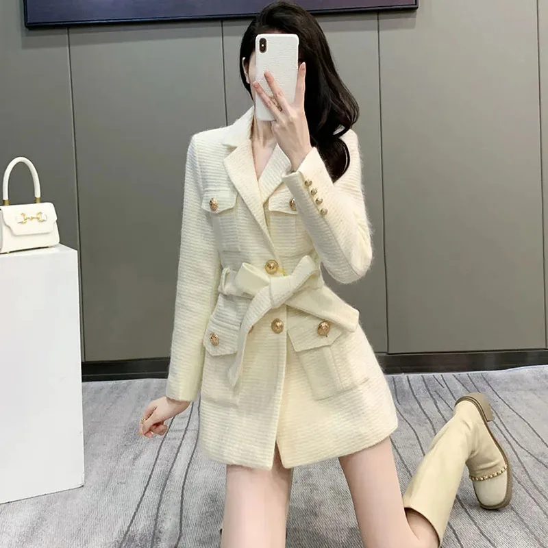 

Woolen Women Jacket 2024 Autumn Winter New Korean Fashion Suit Collar Slim Woolen Female Coat Mid Long Warm Ladies Overcoat Tops