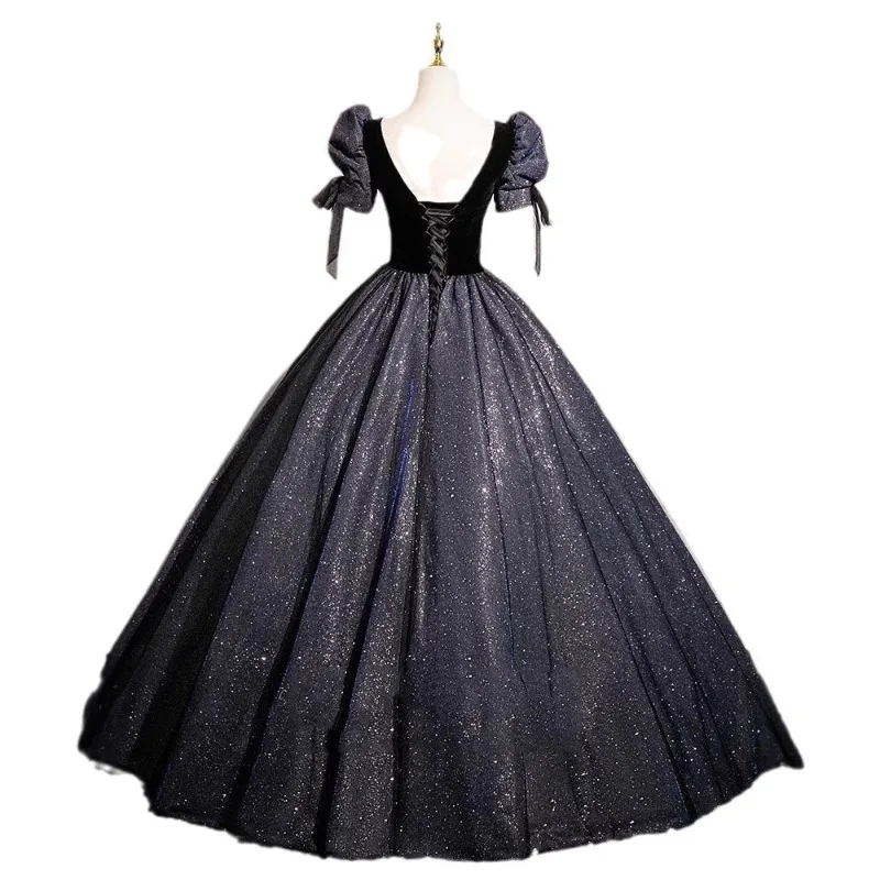 2026 Abito da sera con scollo a V ricamato nero delle nuove donne Abito da ospite per esame d'arte vocale con maniche a palloncino alla moda e magre