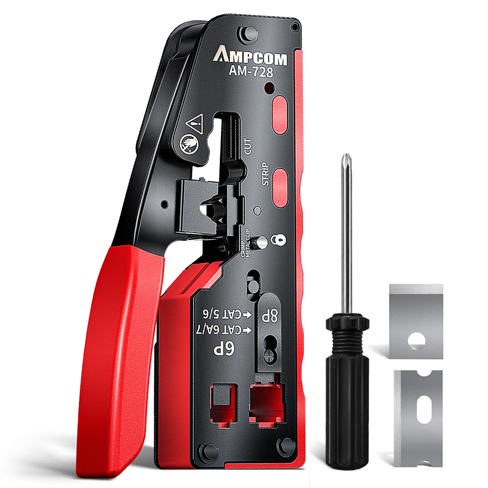 AMPCOM Narzędzie do zaciskania sieci Cat 7 CRIMP/CUT/TRIM/STRIP 4-IN-1 Działa ze wszystkimi złączami RJ45/RJ11 Narzędzie do zaciskania z dwoma ostrzami — zdjęcie 2