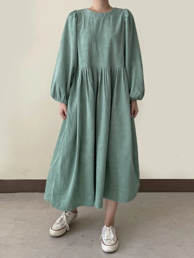 Vestido Retro Coreano de Estilo Hoado con Cuello Redondo de Terciopelo y Mangas Abullonadas, Ropa de Calle de Manga Larga p...
