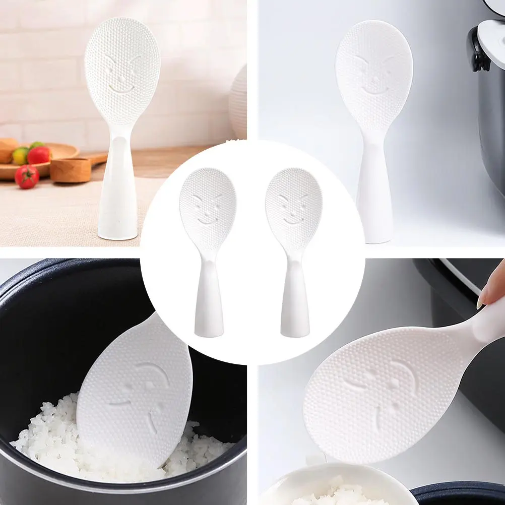 2Pcs Lovely Smiling Rice Spoon High Quality Non-Stick Surface Plastic Standing Rice Paddle Vertical Design Easy Spoon