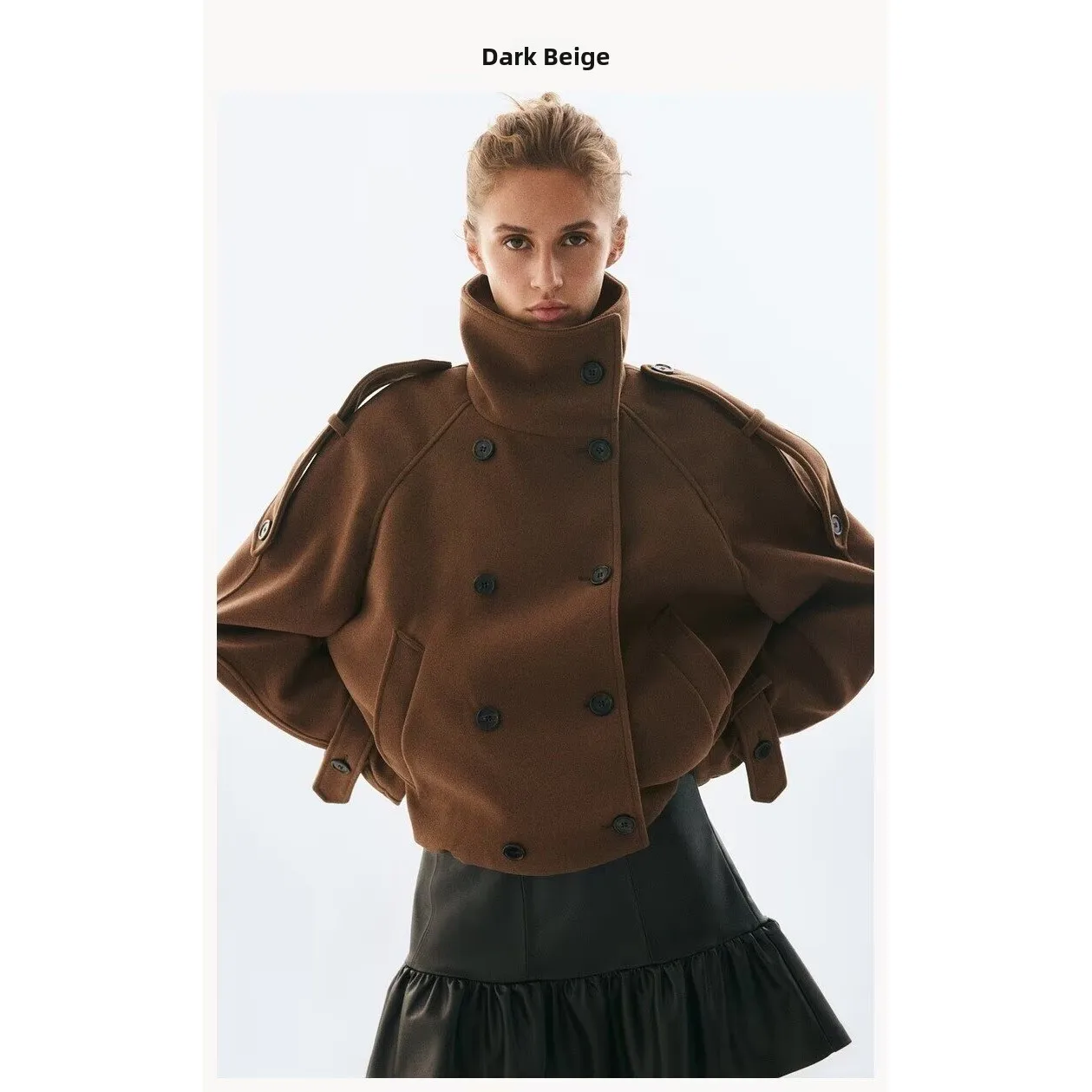 Fashionable Double-Breasted Chimney-Neck Jacket Women's Stylish Versatile Outerwear Polyester Fiber Long Sleeve Short Length
