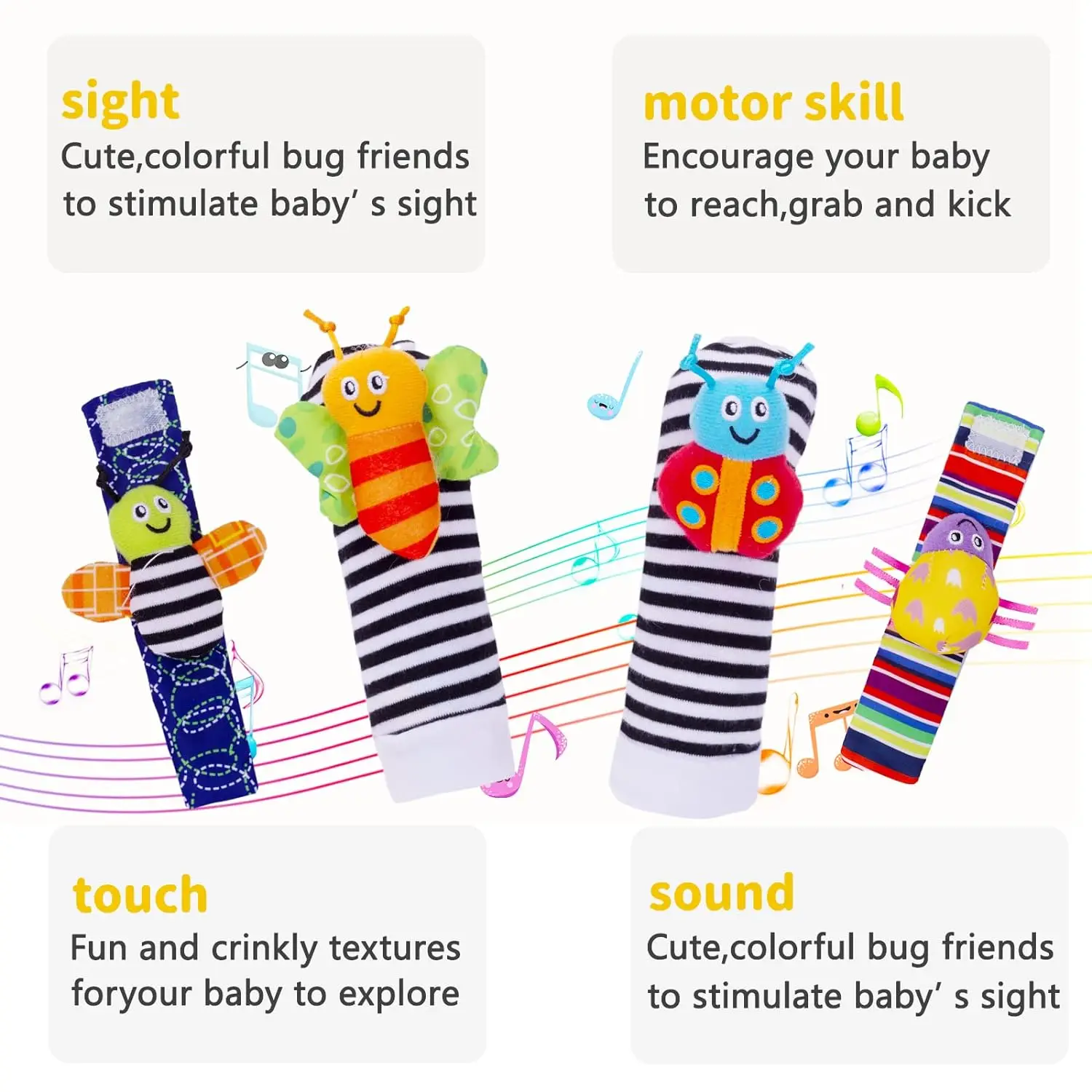 0~24 Months Baby Rattles Soft Plush Toys 4 Piece Foot Wrist Rattle Set Cartoon Newborn Development Educational Toys For Children