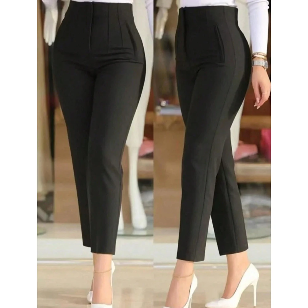 Women Slim Fit High Waist Pencil Trousers Straight Leg Solid Color Office Pants Polyester and Spandex Fabric Mix