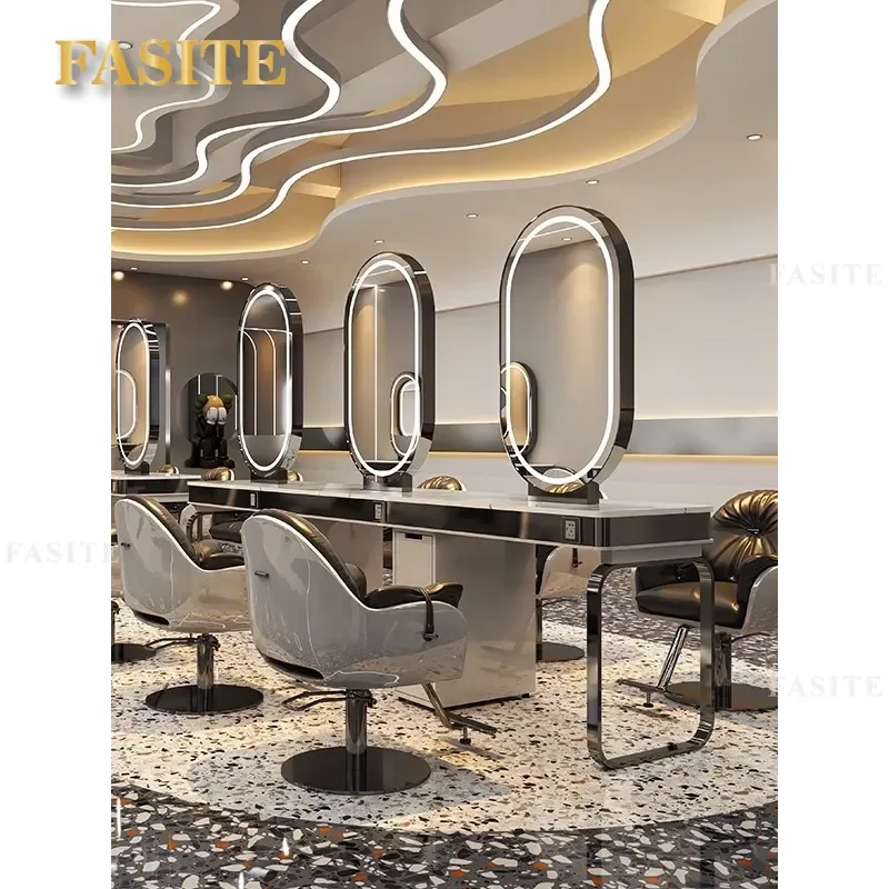 For Barber Shop Marble Mirror Table with Cabinet Single Sided Double Sided Hair Furniture for Cutting Perm Dyeing High