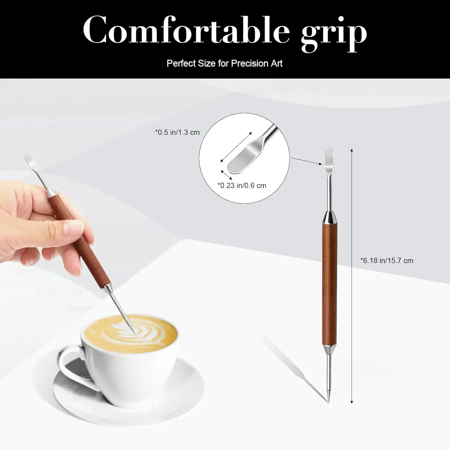 Stainless Steel Double Head Coffee Art Pen Wooden Handle Coffee Latte Needle Fancy Needle for DIY Coffee Design 1PCS