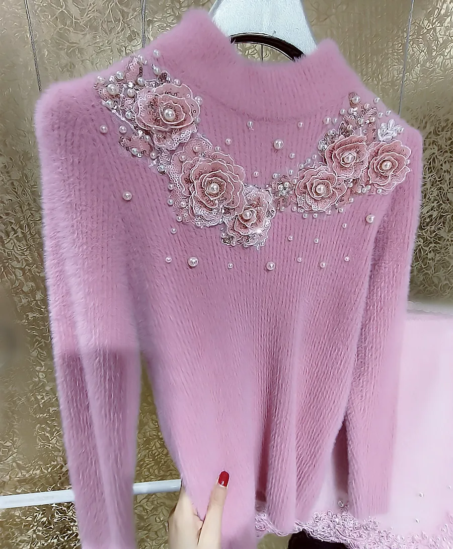 Heavy Industry 3D Florals Pearls Sequins Stitch Pink Mohair Sweater Mock Neck Thickened Faux Fur Beaded Pullovers Knitwear Tops