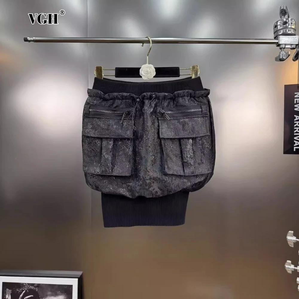 

VGH Slimming Cargo Patchwork Large Pocket Skirt for Women High Waist Spliced Drawstring Street Puff Mini Skirts Female Fashion