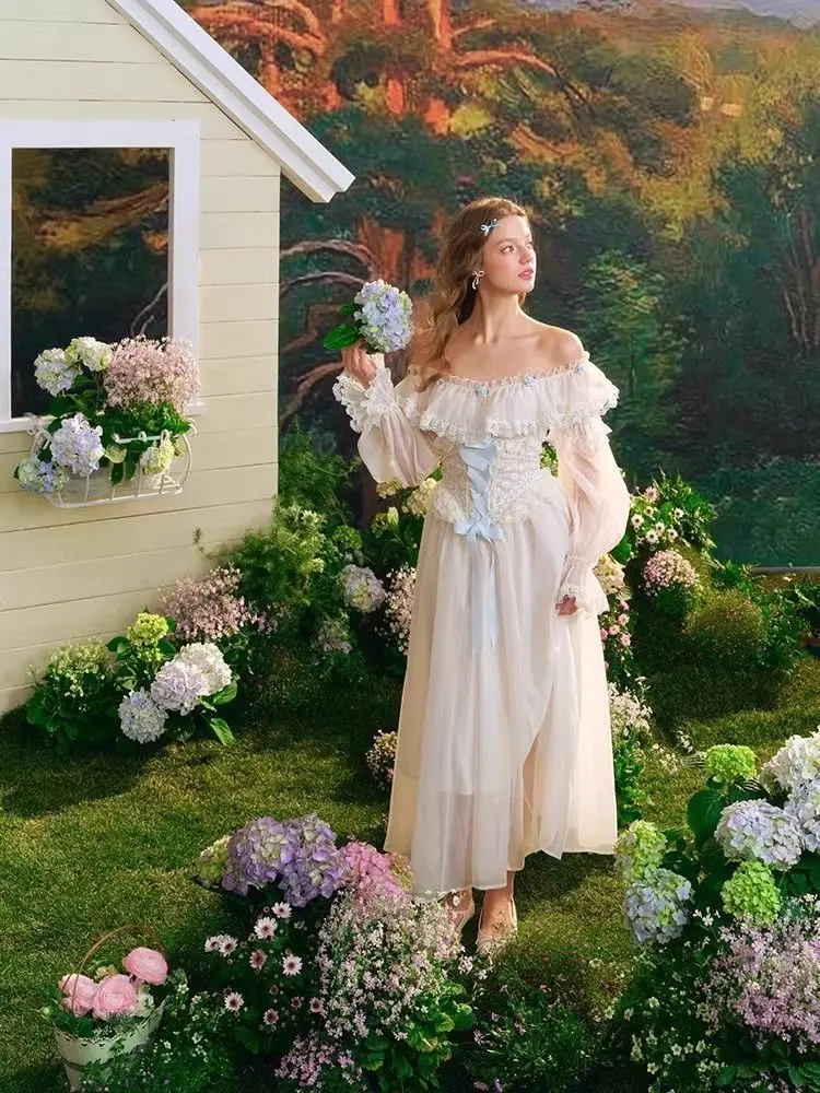 Vestido Vintage Francês Lolita Corte Com Bordado Renda, Cintura Fina, Saia Grande, Elegante Vestido Princesa Manga Bufante Amarração Feminino