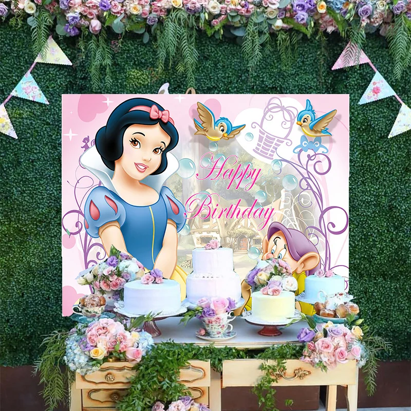 

Cartoon Disney Cute Seven Dwarfs And Bird Photo Backdrop Snow White Princess Happy Birthday Party Decoration Backgrounds Banner