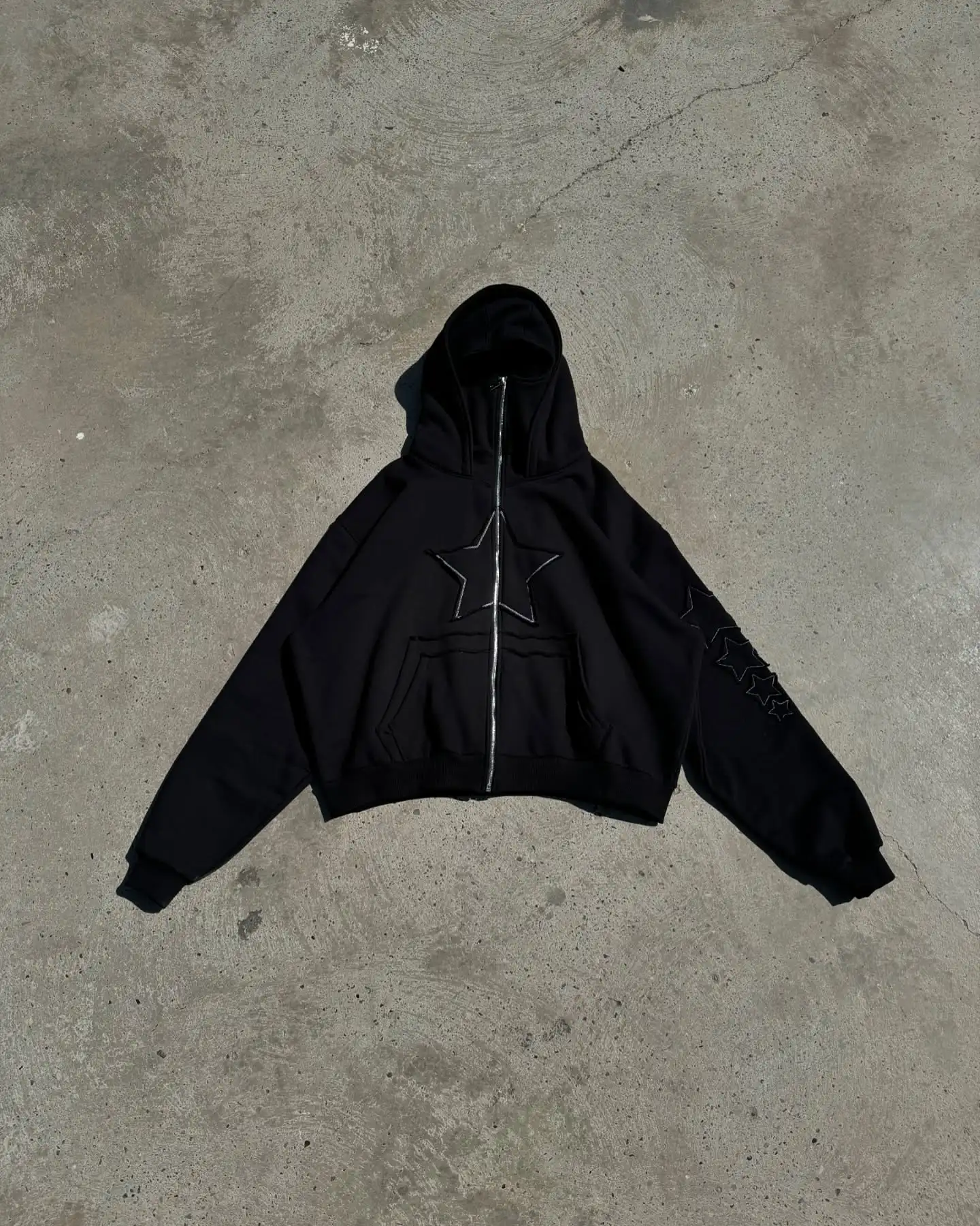 Daily personalized zipper, star patch fabric, casual cardigan, dark pocket top, hooded sweatshirt, autumn and winter hoodie