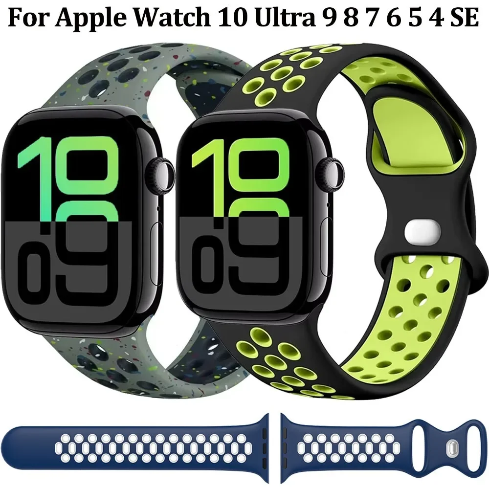 สายซิลิโคนระบายอากาศสําหรับ Apple Watch 10 46 มม.42 มม.9 8 7 45/41 มม. 2 49 มม.กีฬา Watchband iWatch Series 6 5 4 SE 44 40 มม.