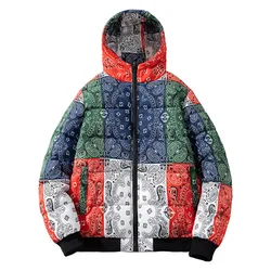 2024 Winter Jacket Men Printed Patchwork Cotton Padded Coat Thick Warm Hooded Outerwear Casual Loose Streetwear Men's Clothing