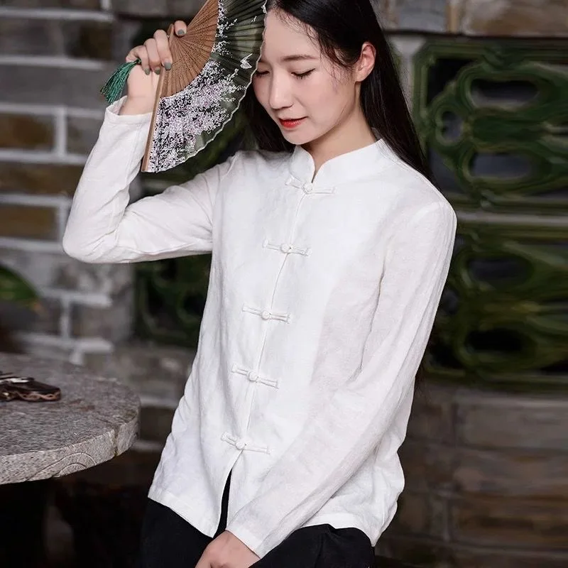 Cárdigan Abierto de Lino y Algodón Estilo Chino Retro con Botones para Mujer, Ropa Casual de Primavera y Otoño, Top para Ceremonia del Té Zen, Ropa Exterior Femenina
