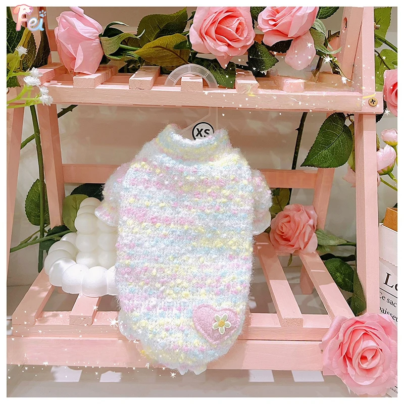 Pull tricoté à manches bulles et col haut pour animaux de compagnie, automne/hiver, manches bourgeons de fleurs d'amour, manteau de Base chaud, vêtements pour chiots