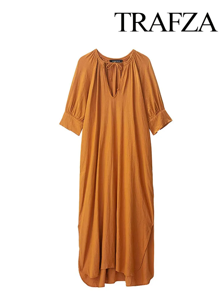 

HH Women's Summer Elegant Long Dress Solid Bow Lace-Up Decoration Side Slit Female Fashion V-Neck Short Sleeve Dresses 2025