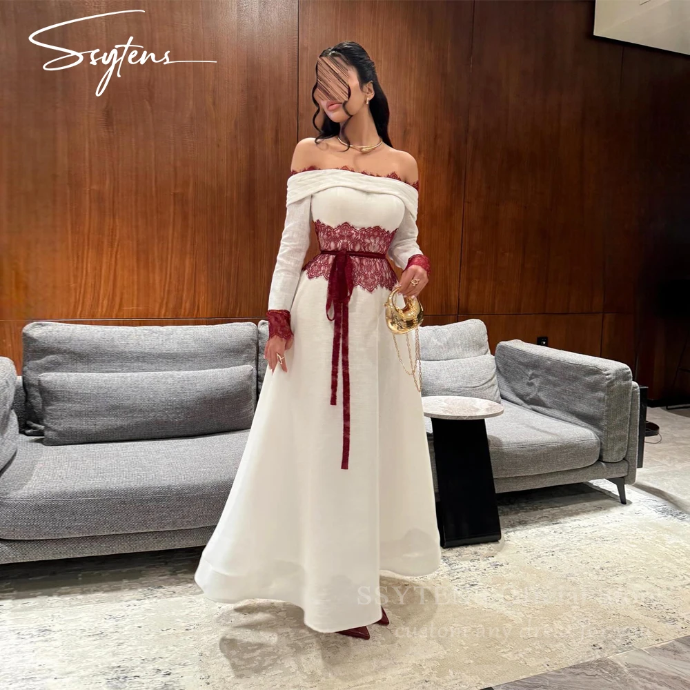 SSYTENS Lace Saudi Evening Dress Off Shoulder Long Sleeve A Line Wedding Prom Party Dress Women Dubai Formal Gowns Customized