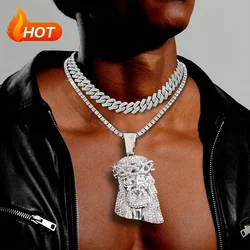 Stylish 3D Jesus Pendant Necklace - Hip Hop Inspired with Layered Cuban & Tennis Chains, Rhinestone Accents,Fashion Jewelry