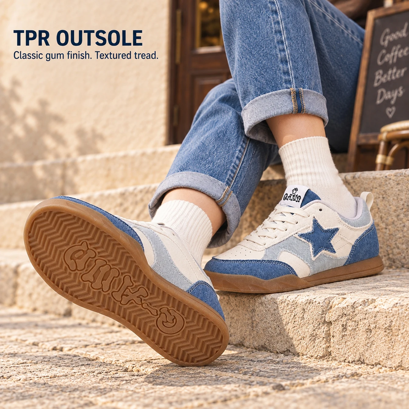 Four Seasons All-Purpose New QAND Retro Denim Color-block Sneakers With star decorations TPR outsole unisex casual sports shoes