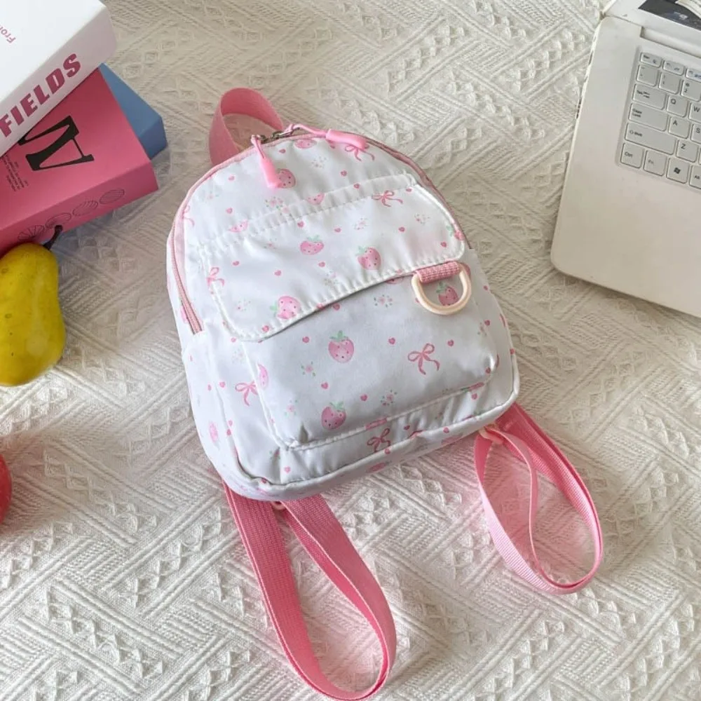 Cute Lightweight Mini Backpack Strawberry Polyester Bowknot Printed Bag Simple Nylon Daypack Outdoor