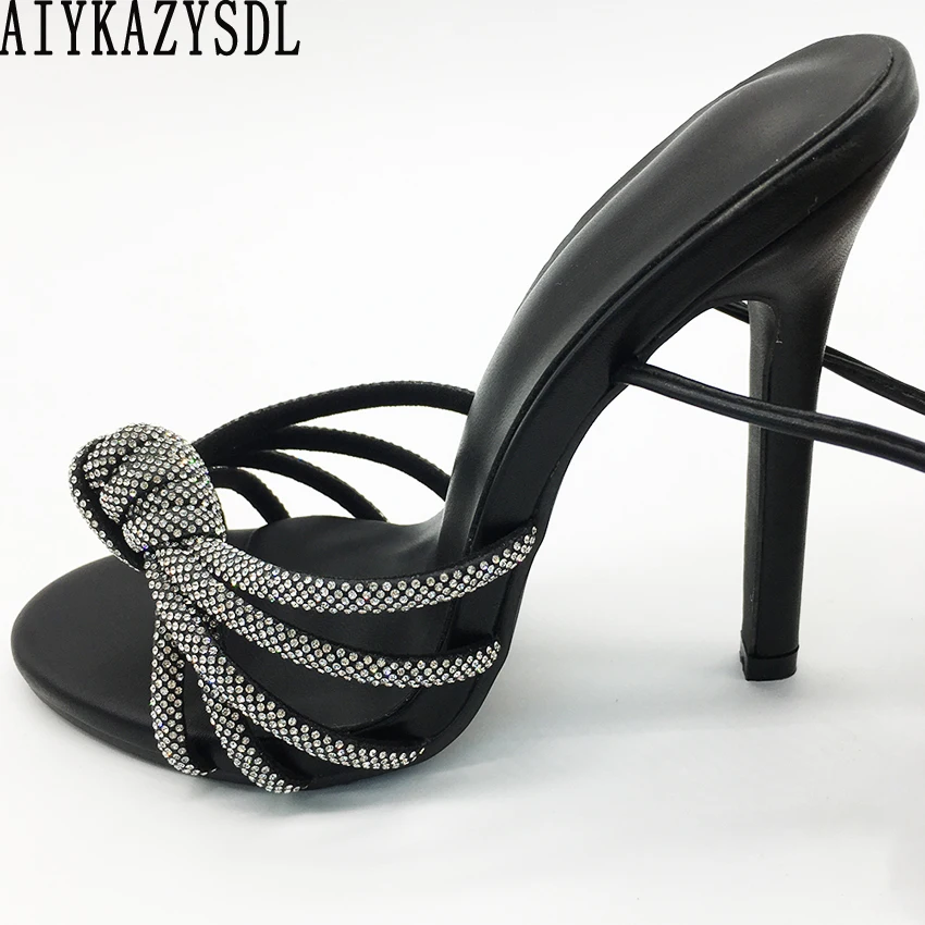 

AIYKAZYSDL Women Black PU Leather Rhinestone Crystal Ankle Wrap Sandals Vintage Gladiator Sandals High Heel Stiletto Pumps Shoes