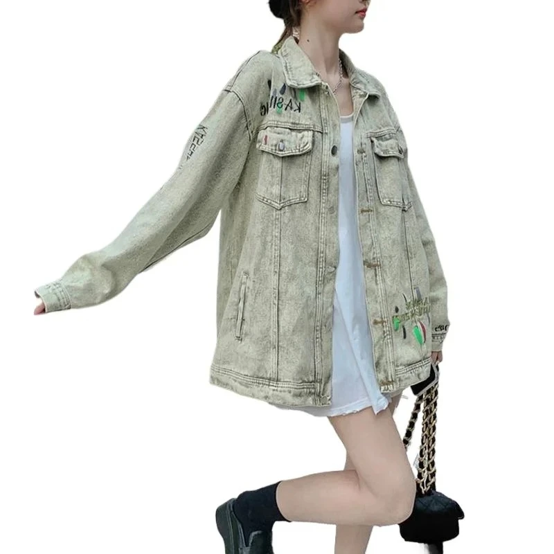 Loose Spring and Autumn Retro Washed and Aged Casual and Versatile Lapel Jacket Top Ink-wash Embroidered Denim Jacket for Women