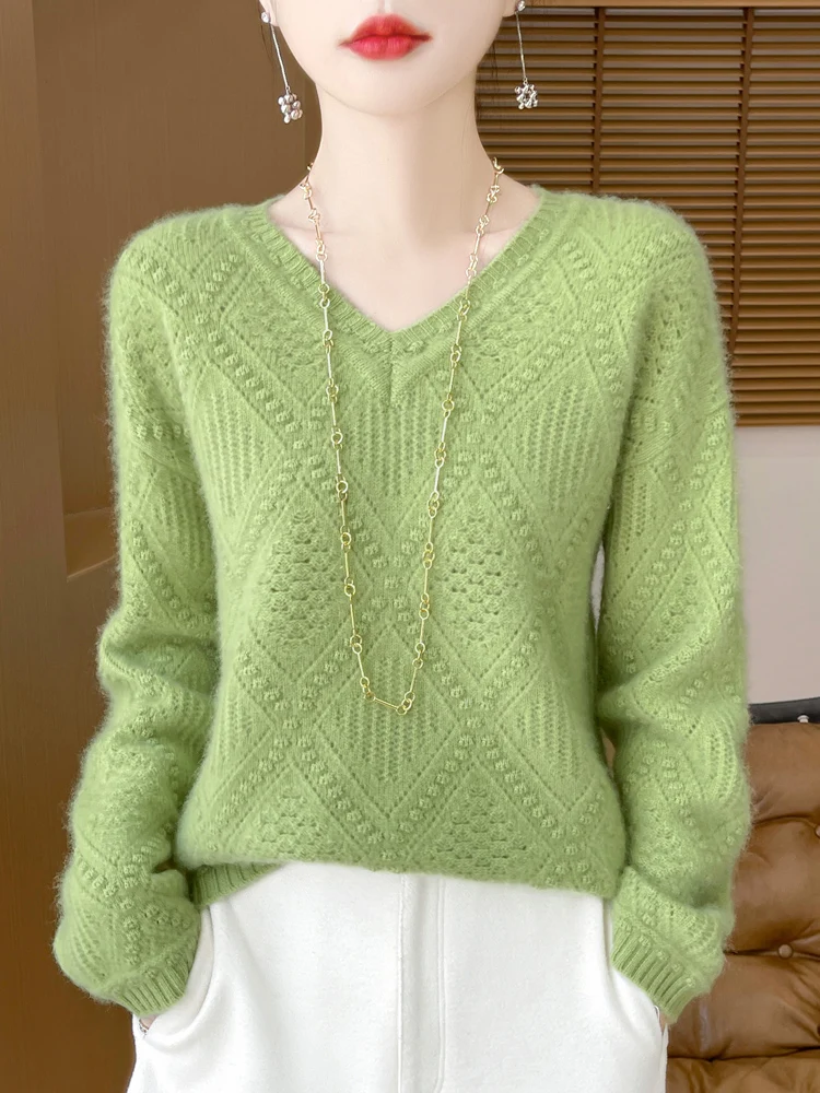 Fashion 100% Merino Wool Sweater Elegant Cashmere Pullover Women V-Neck Long Sleeve Knitwear Basic Thick Loose Jumper Tops