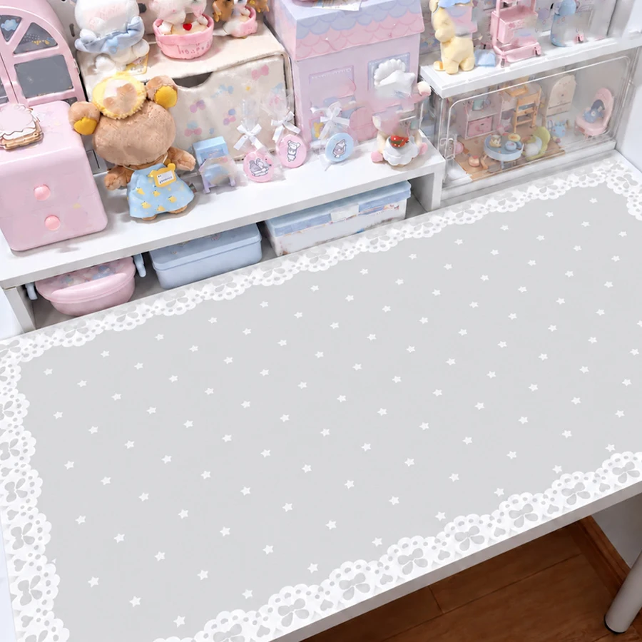 Leather PU Desk Pad Protector Sweet Stars Lace Butterfly PINK Y2K Mouse Pad Office Desk Mat Waterproof Non-Slip Desk Blotter Pad