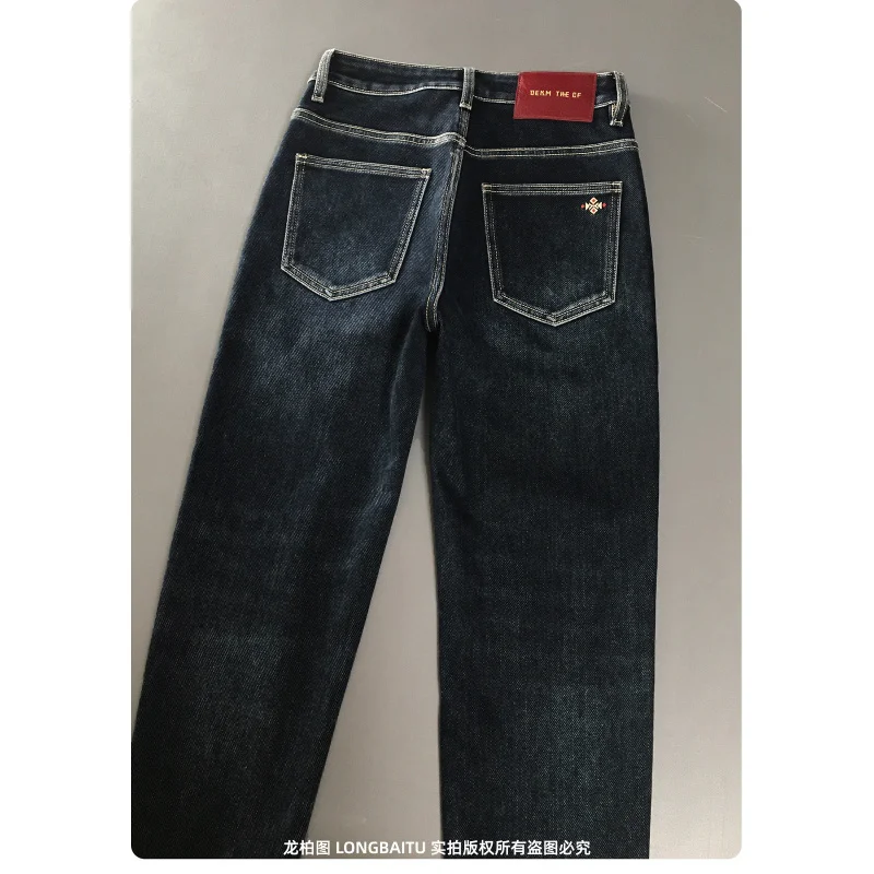 High end printed design jeans for men, winter brushed fleece warm men's clothing trendy and fashionable slim fit small leg pants