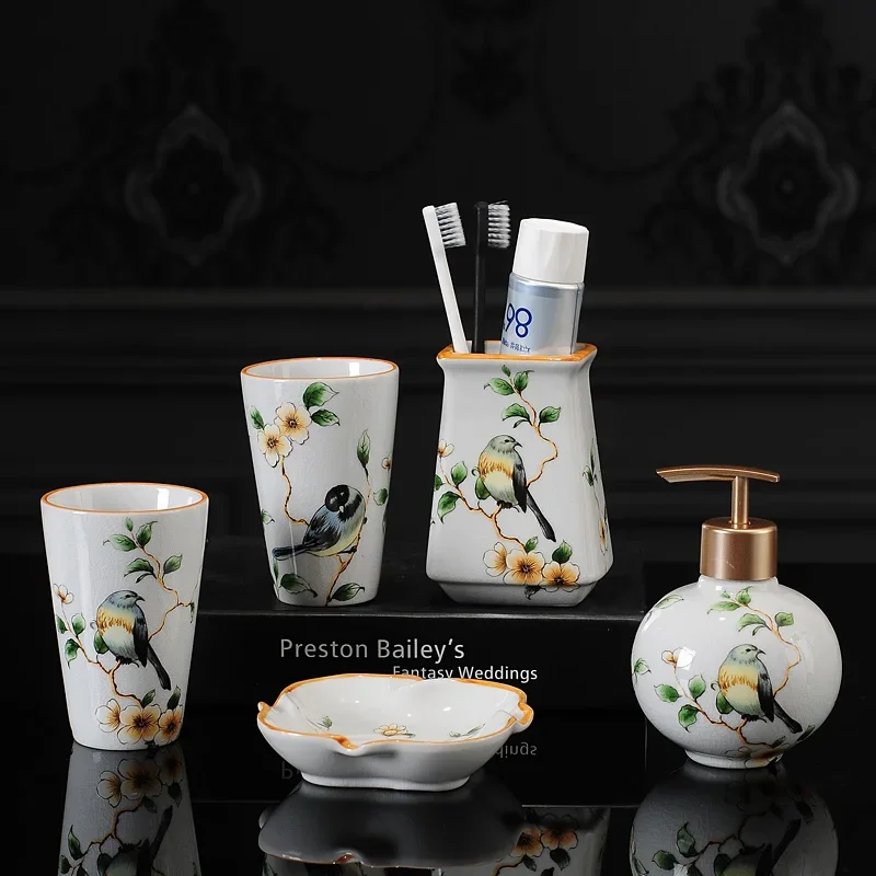 Chinese Style Bathroom Toiletries, Household Toothbrush Cups Lotion Bottle, Storage Tray Bathroom Accessories Bird Pattern