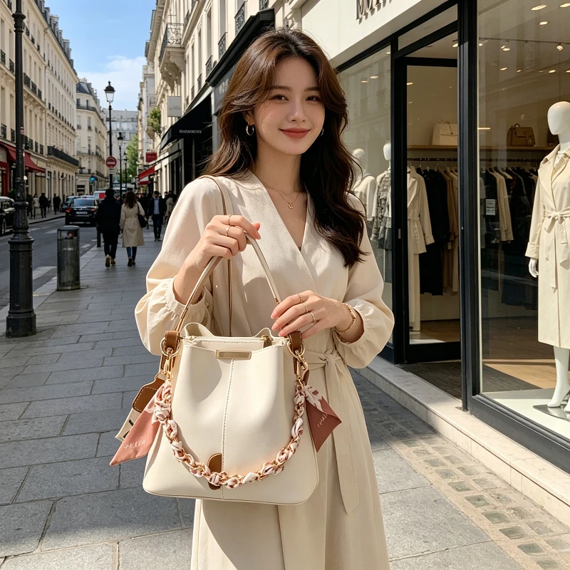 

Модная женская сумка-ведро большой вместимости с ленточным декором и цепочкой, сумка через плечо для повседневного использования