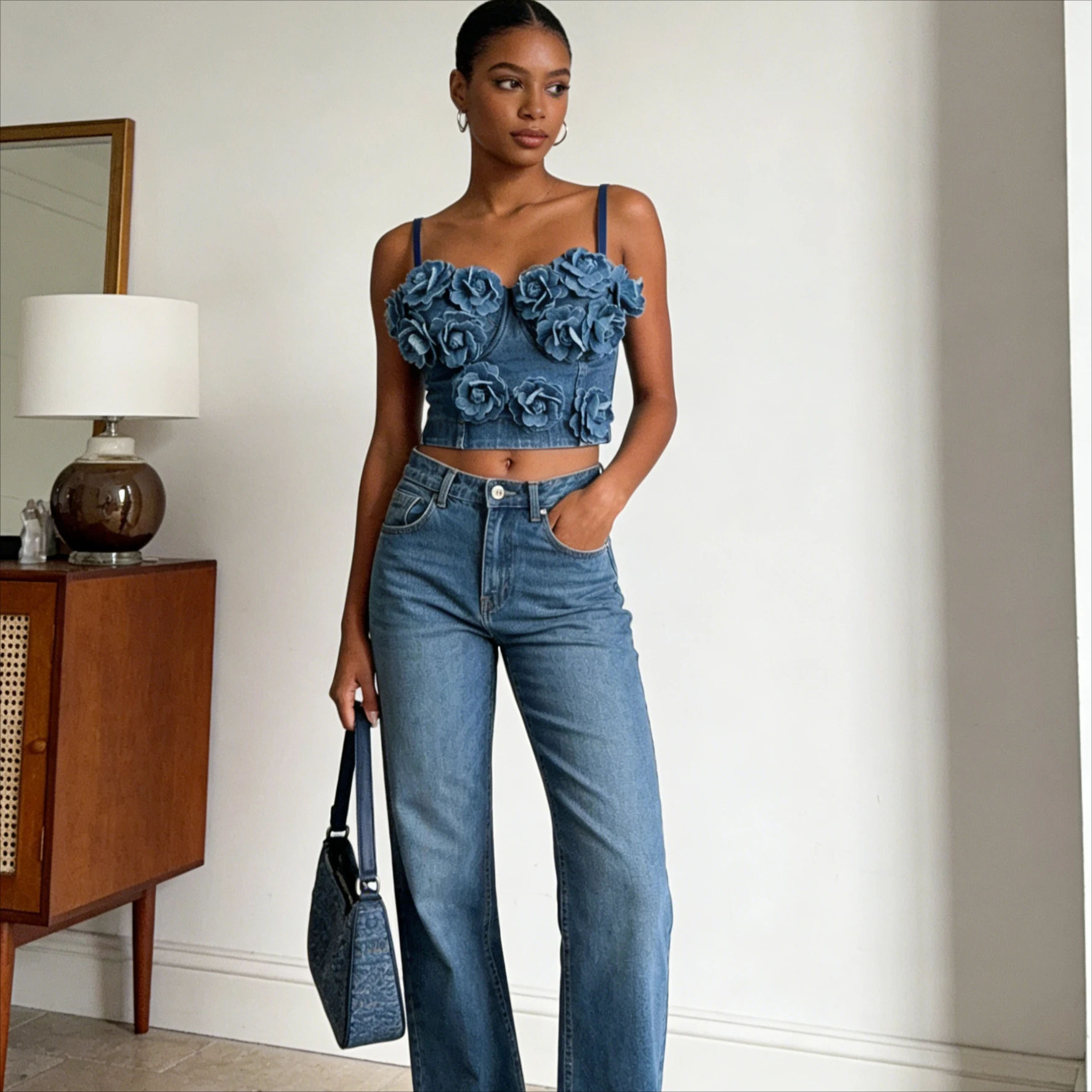

2026 Women Denim Tank Tops Sexy Cowboy Bra Crop Vest Corset Flower Sleeveless Bodyshaper Washed Strapless Camis Streetwear