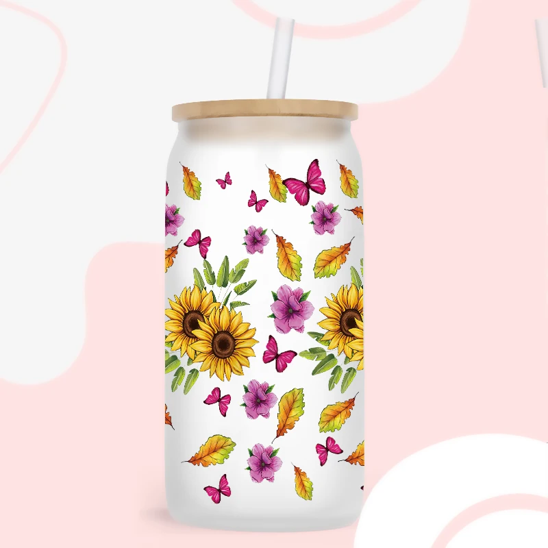 UV DTF Transfer Sunflowers Pattern Stickers Libbey Cup Wrap Iron For Glass 16oz D17506