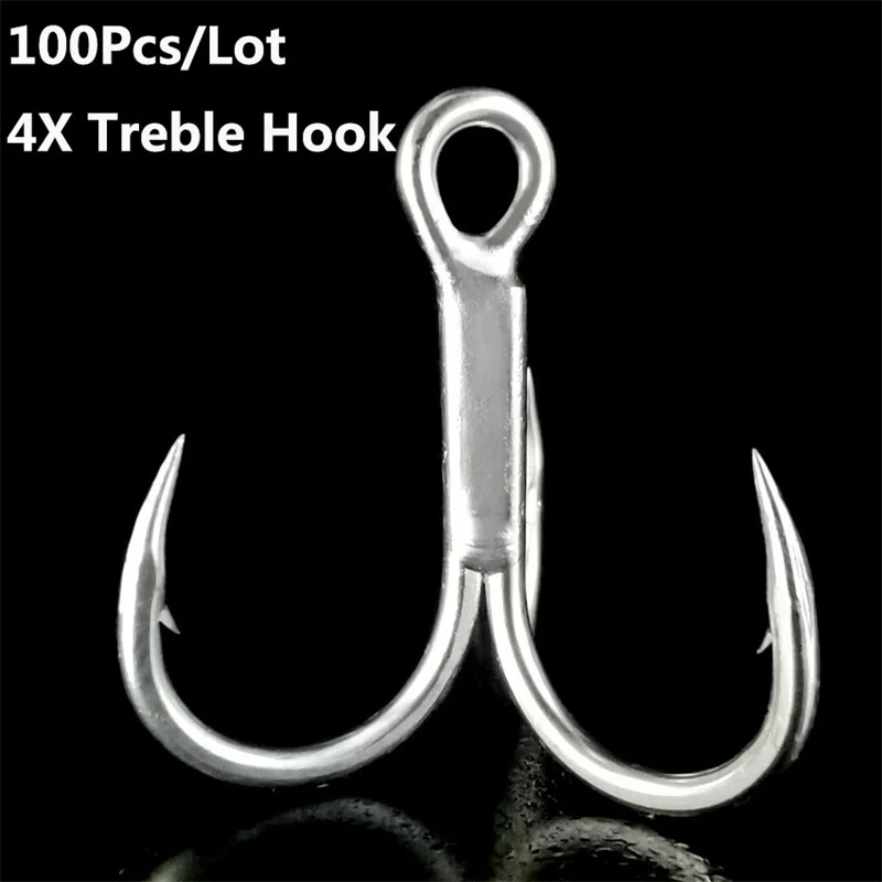 100Pcs High Carbon Steel 4X Strength Treble Fishing Hooks 1# 2# Metal Jig White Nickel Barbed Anchor Fishhooks Fishing Tackle