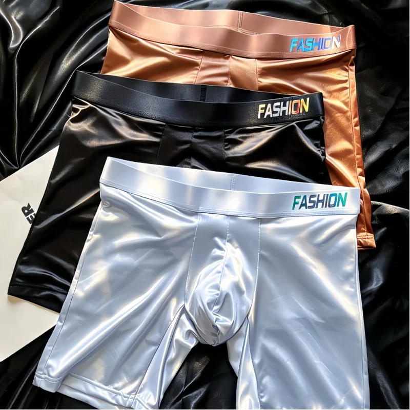 Herren Glänzende Satin-Boxershorts mit Langem Bein, Farbverlauf-Bund, Ultra-Glatt, Weich, Hochelastisch, Tiefsitzende Männerunterwäsche