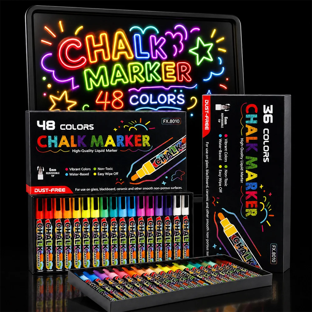 

36/48 Colors Neon Liquid Chalk Markers 6mm Tip Water Based Vivid Color Easy Wipe Off Glass Blackboard Ceramic Metal DIY Supplies