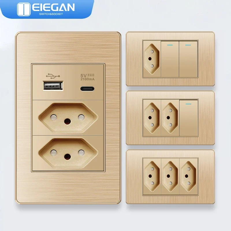

ELEGAN Gold Brazil PC Drawing Panel Standard Outlet Double USB Type C Wall Power Socket Light Switch Office 118*72mm 10A 20A