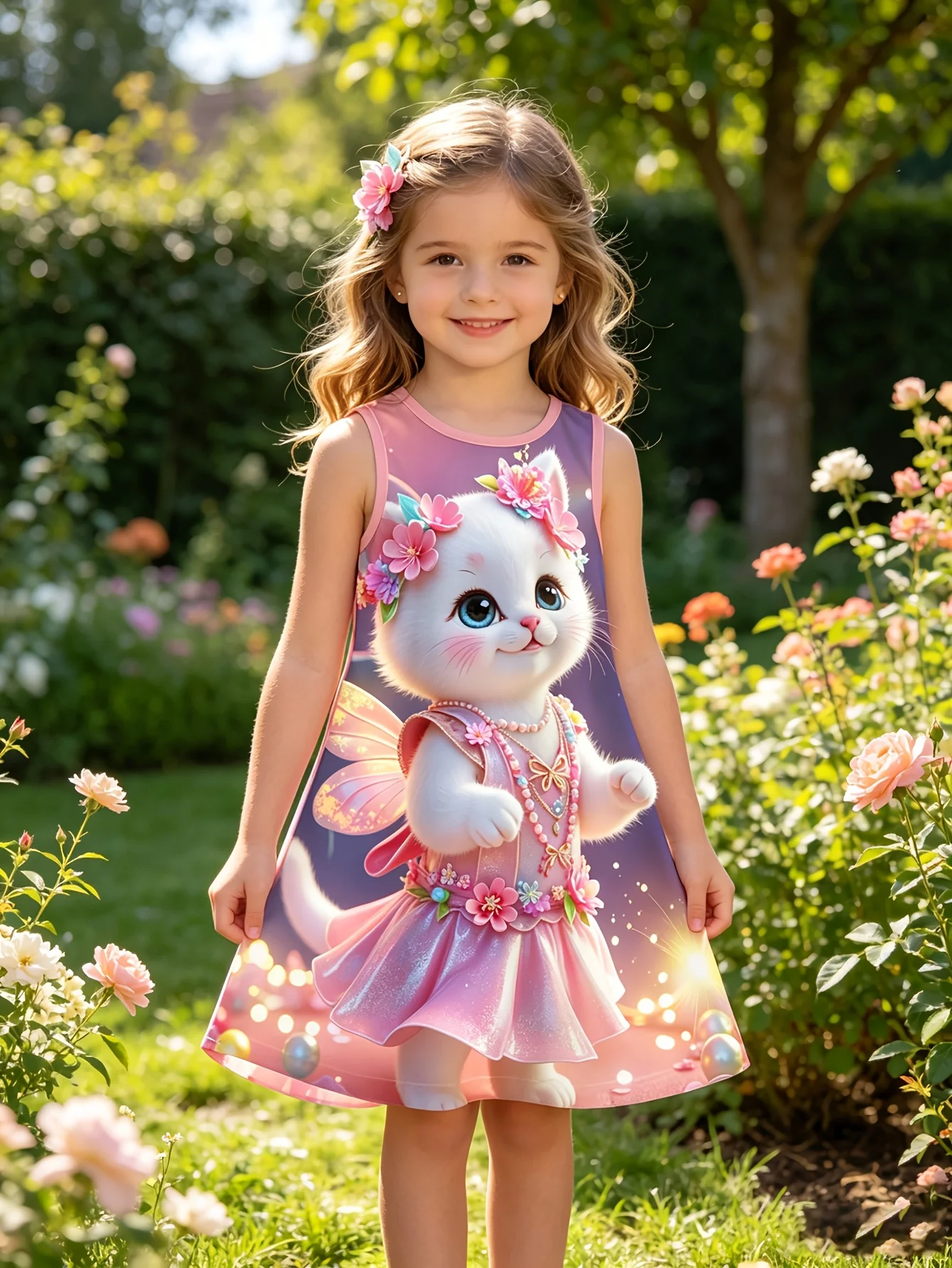 Girl Fairy Kitten Printed Sleeveless Dress, Garden Theme Children's Party Casual Summer Dress suitable for Birthday Gifts
