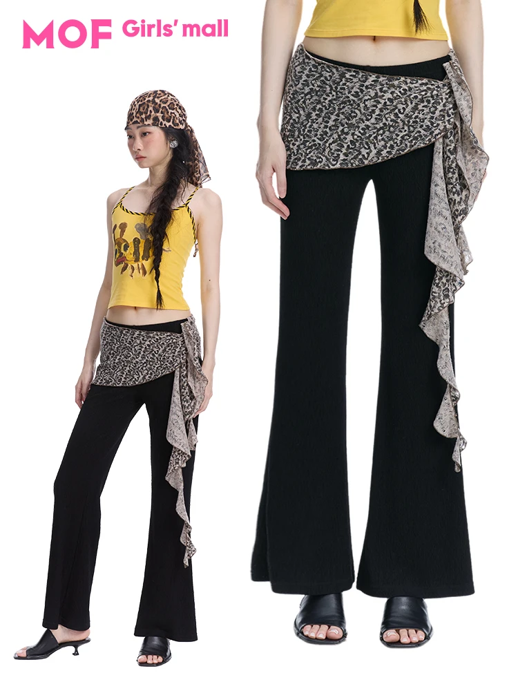 MOF Girl Knitted Light Comfortable Leopard Print Micro Flared Pants Natural Waist Slim Fit Polyester Fiber Pocket Design Comm...
