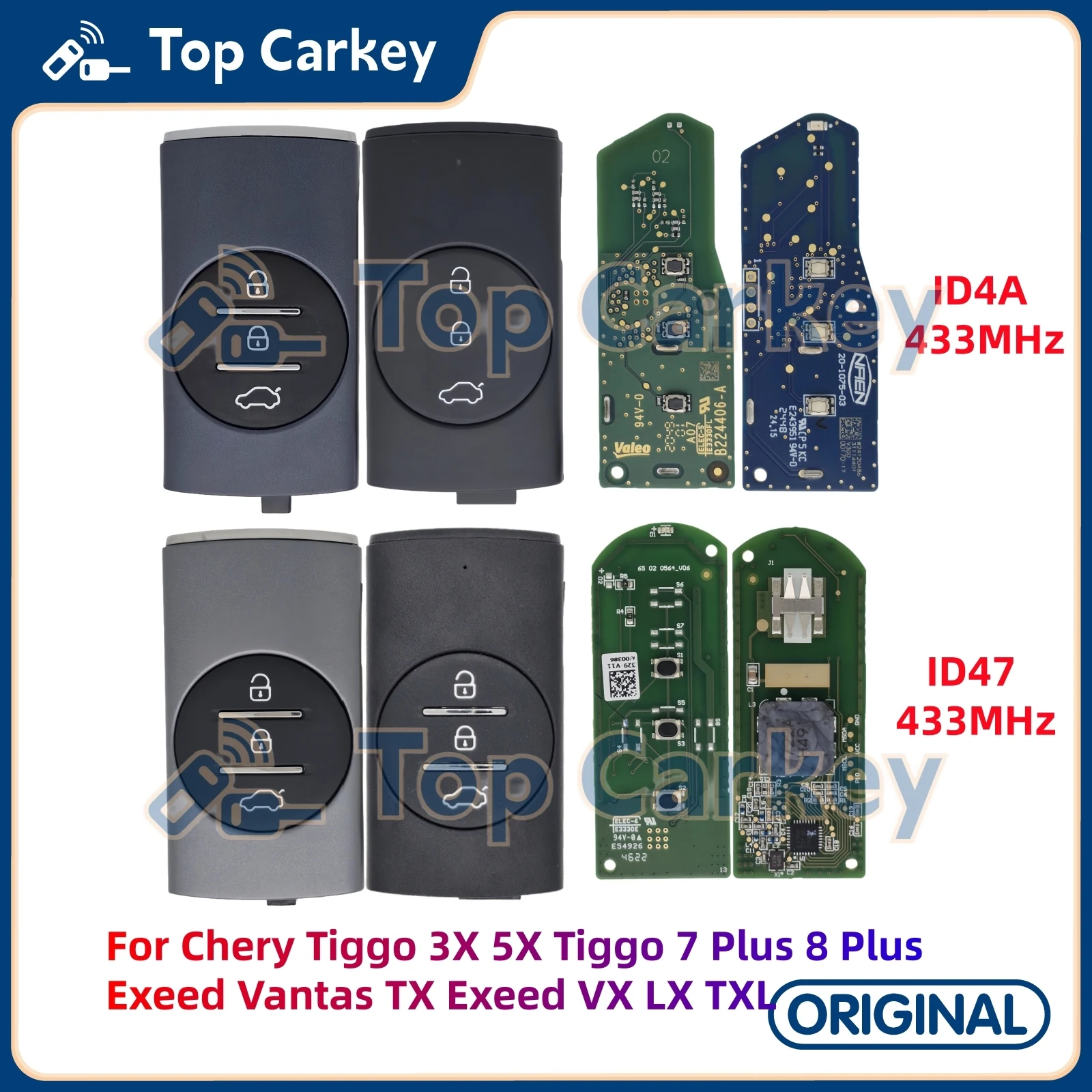 TopCarkey Original Inteligente Remoto Chave ID4A ID47 433MHz para Chery Tiggo 5X Tiggo 7 Plus 8 Plus Exeed Vantas TX VX LX TXL