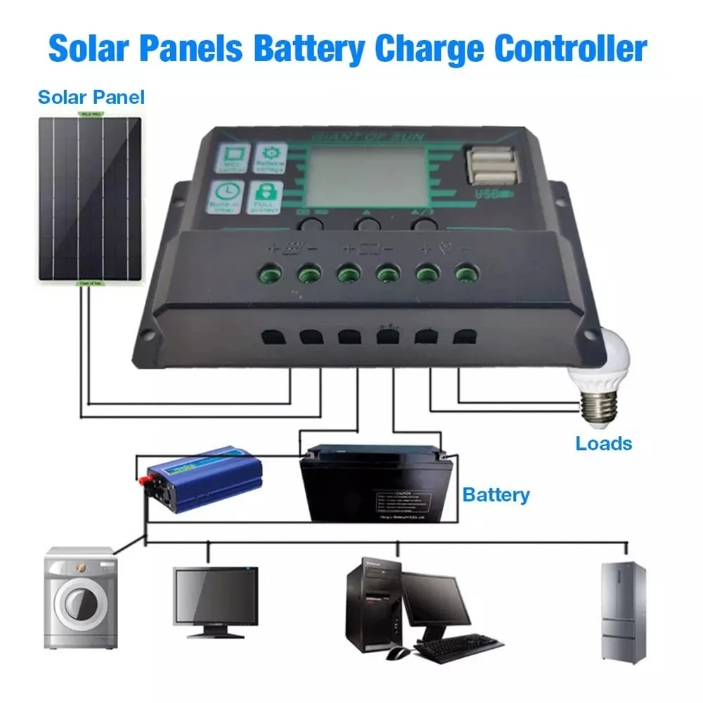 Contrôleur de charge pour panneaux solaires, PWM, 12V/24V, 10/30/50/60/100/150A, avec écran LCD, pour touristes, port, plomb-acide/lithium