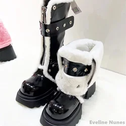 Fluff Platform Belt Buckle Snow Boots Women Round Toe Front Zipper Warm Anti Slip Boots 2024 Winter New British Style Long Boots