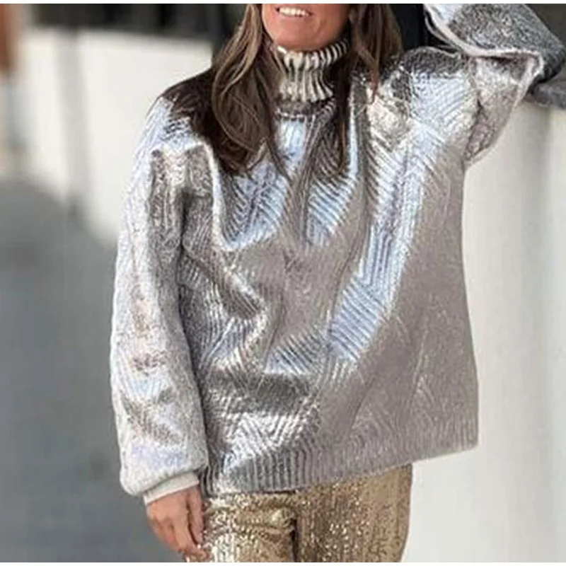 Metallic Color Turtleneck Sweater For Women Elegant Loose Long Sleeve Silver Pullover 2024 Autumn Female Fashion Casual