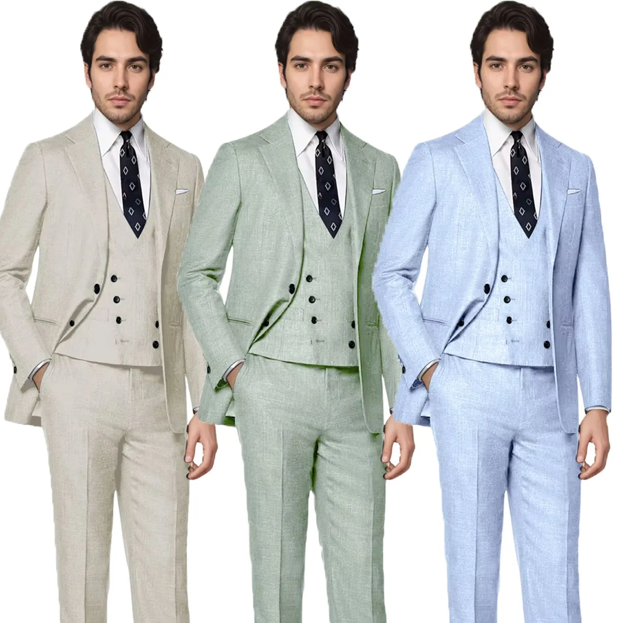 

Luxury Men's 3-Piece Linen Suit Set Fit Formal Suit Attire Wedding Groom Business Elegant High Quality 2025(Jacket+Vest+Pants)