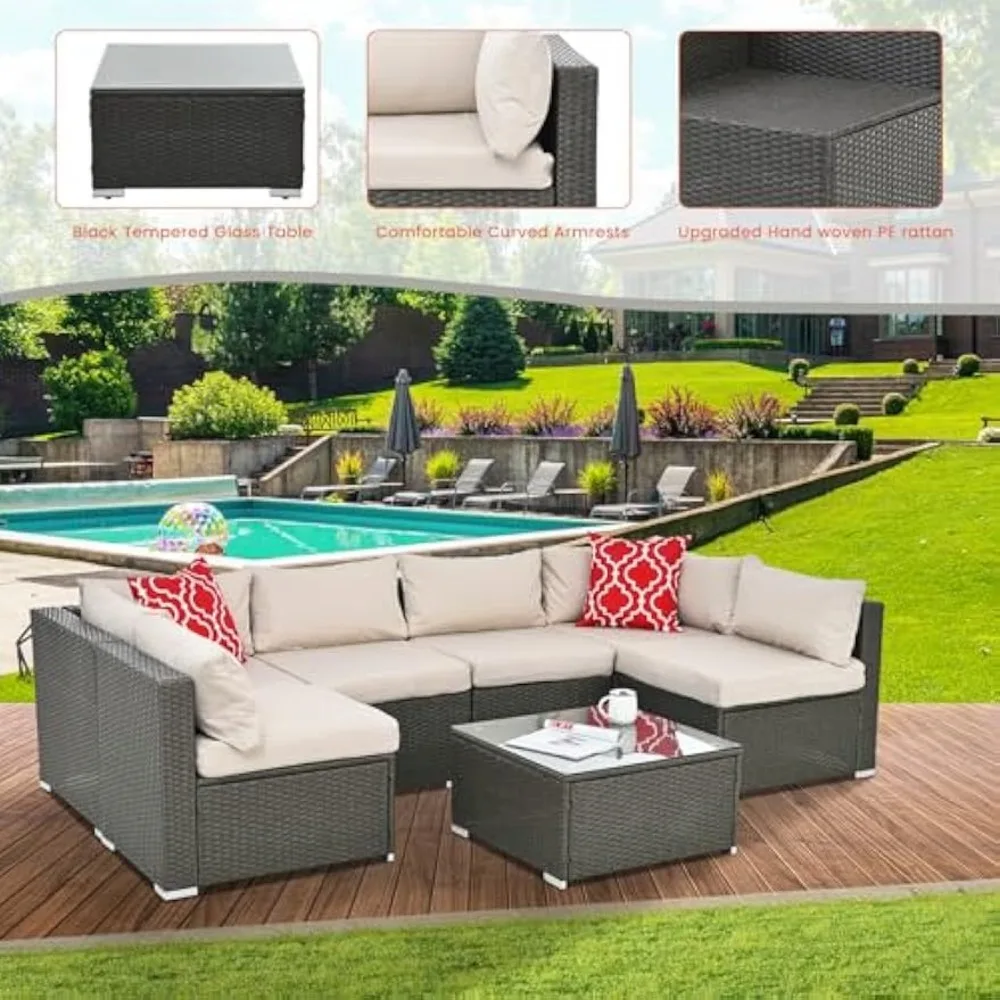 طقم فناء خارجي من الخيزران باللون البيج مع طاولة قهوة ووسادتين #6