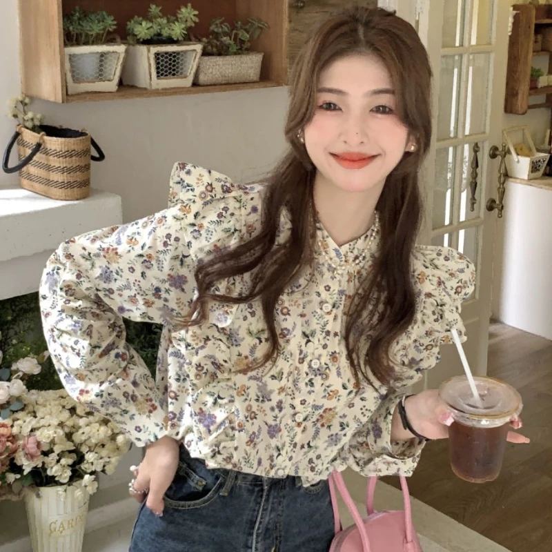 Floral Shirts Women Ruffles Vintage Prairie Chic Tops Sweet All-match French Style Aesthetic Students Casual Streetwear Tender