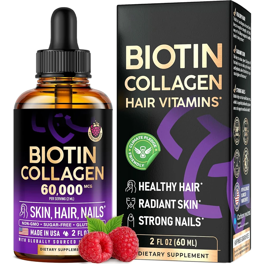 Liquid Biotin & Collagen - Extra Strength Vitamins Drops for Hair Growth Support for Women & Men - Strong Nails & Health Skin