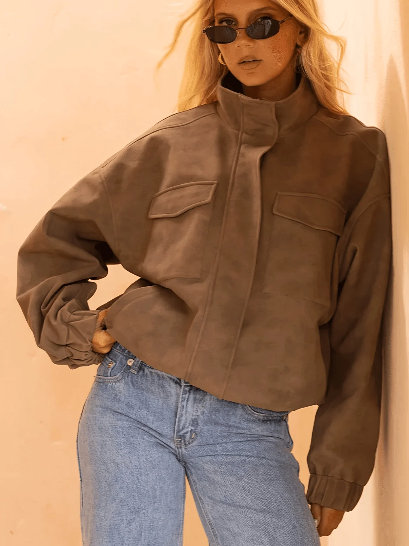 Women's Vintage Faux Suede Cropped Bomber Jacket Brown High Collar Zip-Up Coat with Double Chest Patch Pockets Oversized Drop-Sh
