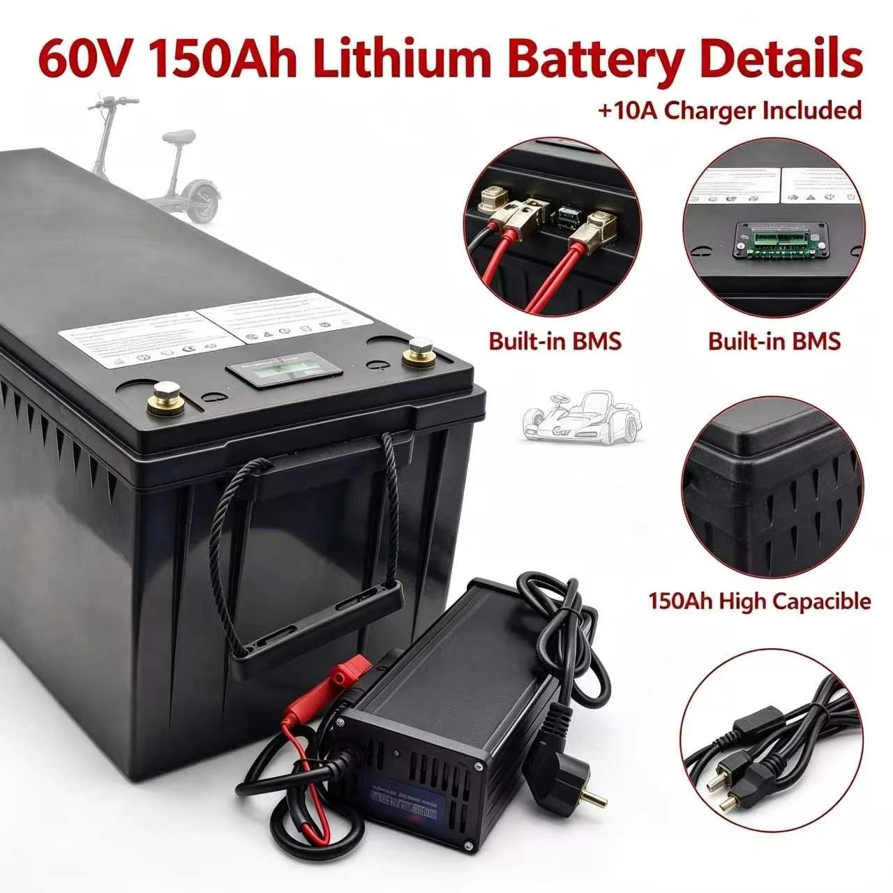 waterproof 60V 150Ah lithium battery 60V 150AH li ion battery With BMS for 6000W scooter AGV demo Go Cart bike +10A charger