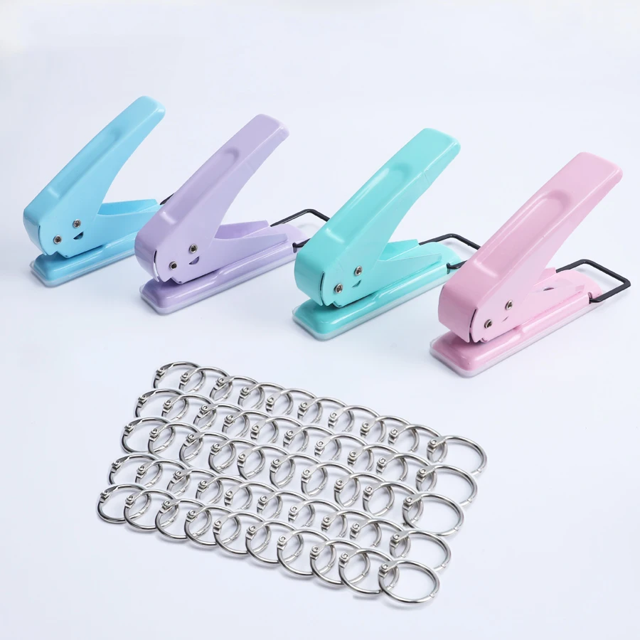 Mini Portable Labor-saving Macaron Hole Punch Paper Puncher with 50pcs Loose-leaf Paper Book Binder Rings for Home Office